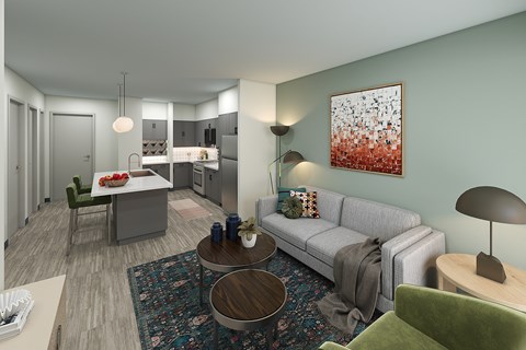 A modern living room with a grey couch and a coffee table.